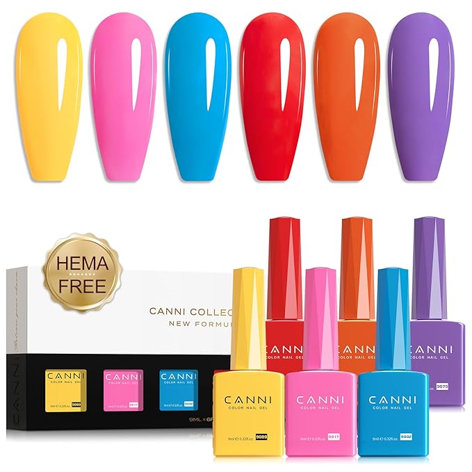 CANNI Summer Gel Nail Polish Set,Bright Rainbow Collection 6 Colors 9ML Hot Red Pink Yellow High Gloss Soak Off UV LED Gel Nail French Nail Manicure Salon DIY