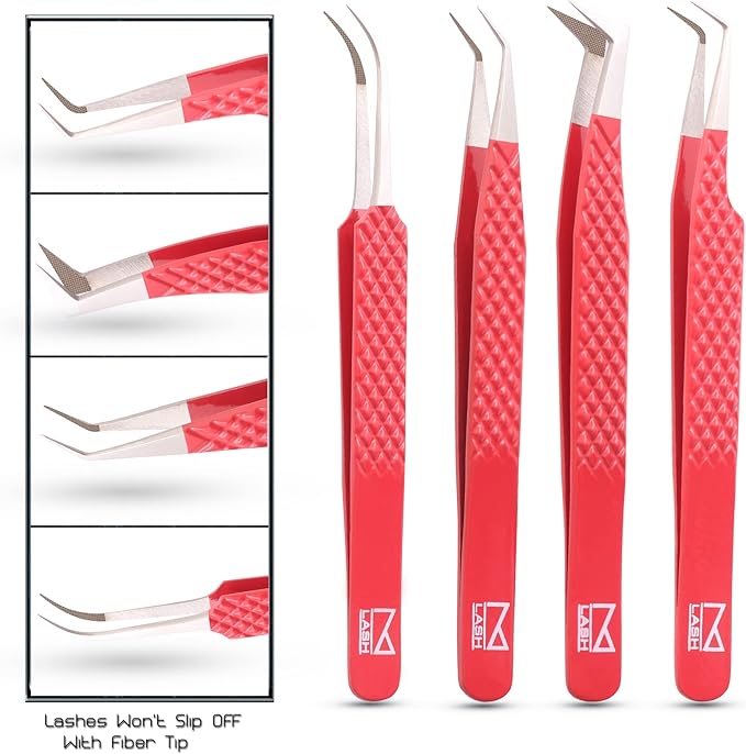 M LASH Tweezers for Eyelash Extensions (Set of 4) - Professional Lash Extension Tweezers - Fiber Tip, Japanese Steel, Diamond Grip Eyelash Extension Tweezer (Luscious Red)