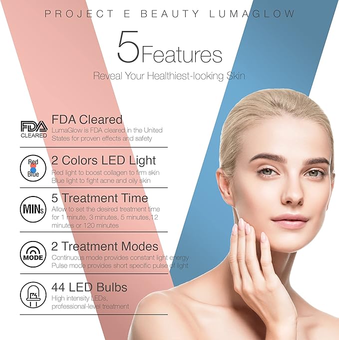 Project E Beauty LumaGlow Red & Blue LED Light Therapy Anti-Aging & Anti-Acne | Fine Lines & Wrinkles Scars | FDA-Cleared Handheld Device for Spa & Home Use
