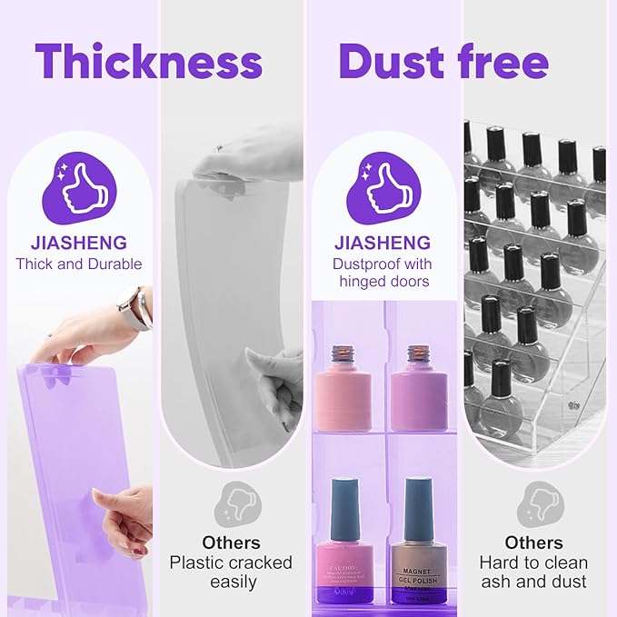 JIASHENG Nail Polish Organizer Case Holders, 48 Bottles Universal Nail Storage Box for Double Side Adjustable Space Divider for Acrylic Nail Gel Dip Powder Tips Set with Toe Separator, Purple