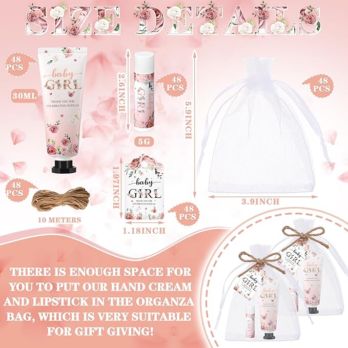 192 Pcs Baby Shower Gifts for Guests Prizes Include 48 Hand Cream and 48 Lip Balm Bulk Bridal Wedding Party Gifts Favor Travel Hand Lotion with Organza Bags Tags for Guests(Baby Girl)