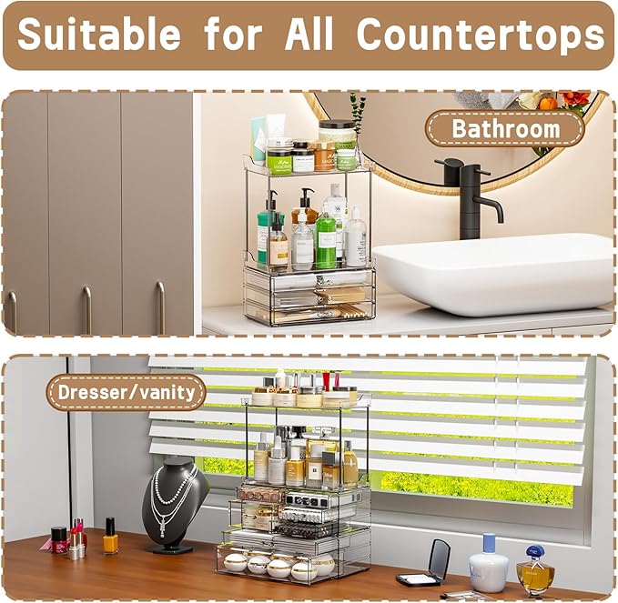 2 Pack Bathroom Organizers and Storage Countertop With 6 Drawers,Stackable Vanity Top Organizer,14.4" Tall Large Capacity Skin Care Organizer and Exquisite Cosmetic Storage Organizer,Clear