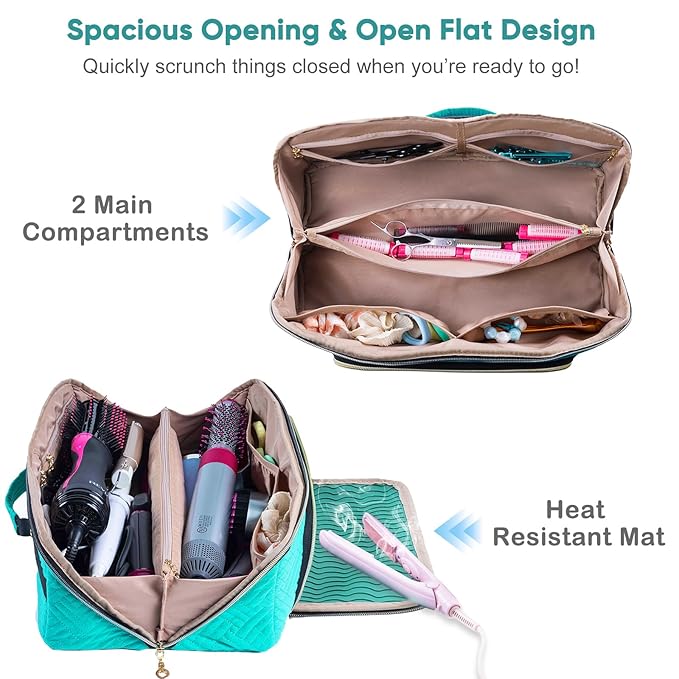 Large Travel Bag - 2in1 Hair Tools Organizer for Dryer Brush, Flat Irons, Straighteners, Curling Irons, Makeup Bag