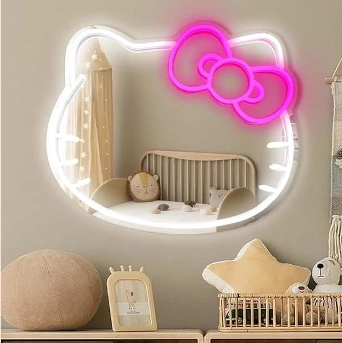 Anime Mirror 13.3 x 16.14 Inches Vanity Mirror with Lights Cat Design Bedroom Wall Mirror Girls Makeup Kitty Mirror with Lights Neon Sign Gift Mirror