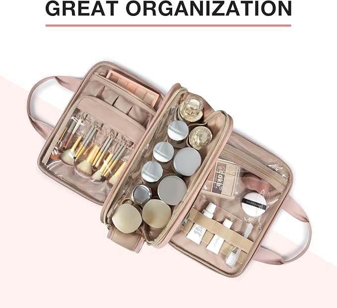 BAGSMART Toiletry Bag for Women, Large Toiletry Bag Water-resistant Makeup Cosmetic Organizer Bag Door Room Essentials for Accessories, Shampoo, Full Sized Container, Toiletries (Medium, Pink)