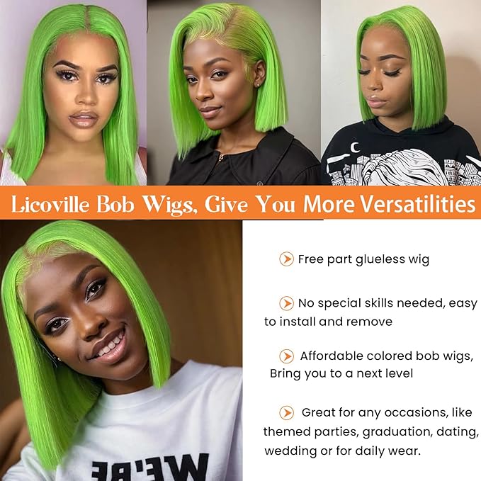 8 Inch Bob Wig Human Hair 13x4 HD Transparent Human Hair Lace Front Wigs Pre Plucked Light Green Short Wigs for Women 180% Density Straight Lime Green Bob Lace Wig with Natural Hairline