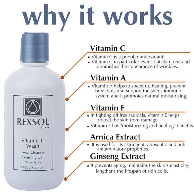 REXSOL Vitamin C Foaming Gel Face Wash | Anti-Aging Cleanser for Sensitive Skin | Natural Daily Facial Cleanser with Vitamins A & E - 8.1 OZ