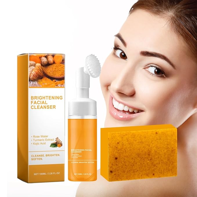 Turmeric Wash and Care Two Piece Set, Tuemeric Facial Cleanser & Turmeric Soap Combo, Turmeric Cleansing Mousse, Turmeric Face Wash and Soap Bundle for Face & Body, Deep Cleansing