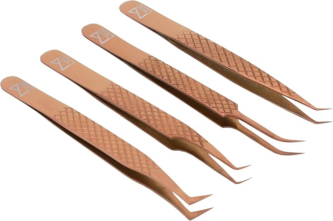 M LASH Tweezers for Eyelash Extensions (Set of 4) - Professional Lash Extension Tweezers - Fiber Tip, Japanese Steel, Diamond Grip Eyelash Extension Tweezer (RoseGold)
