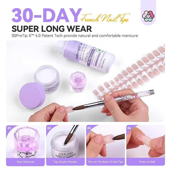 SAVILAND French Tip Acrylic Press On Nails Kit: In-Minute Long Wear & Easy French Acrylic Press-ons & Thick Short Square White Tip 150PCS Pro Acrylic Nail Kit Powder Monomer Liquid 3-Way Salon Gift