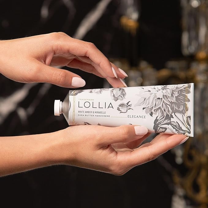 Lollia Elegance Handcreme, 4 oz. – White Amber & Mirabelle – Scented Hand Cream for Women, Moisturizing Hand Lotion for Dry Hands, Shea Butter & Cocoa Butter, Quick Absorbing Lotion