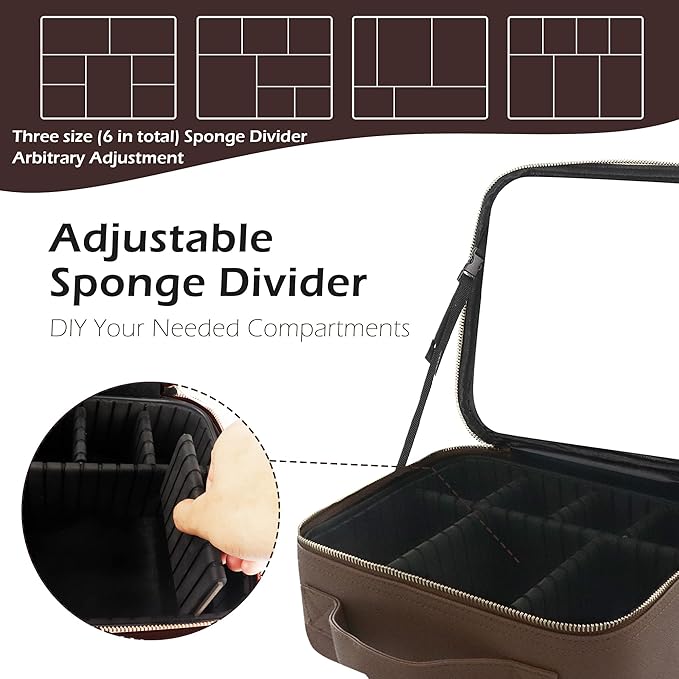 MOMIRA Travel Makeup Bag Cosmetic Bag Makeup Organizer Bag with Lighted Mirror, Adjustable Brightness in 3 Color Scenarios, Waterproof Makeup Train Case, Gift for Women - Brown