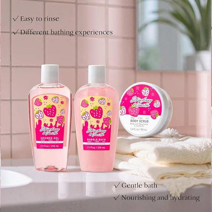 Mother's Day Gifts Spa kit for Women, Unique Gift Set for Teen Girls Tote Bag, 13pcs Strawberry Shower Gift Baskets for girls beauty fruity bath products Birthday Gifts for Daughter, Girlfriend
