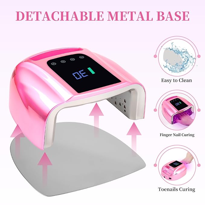 96W Rechargeable UV LED Nail Lamp, Portable Cordless UV Light for Nails with LCD Display Auto Sensor, 4 Timer Setting and Smart Sensor Nail Dryer,Nail Cure Light with Removable Bottom(Pink)
