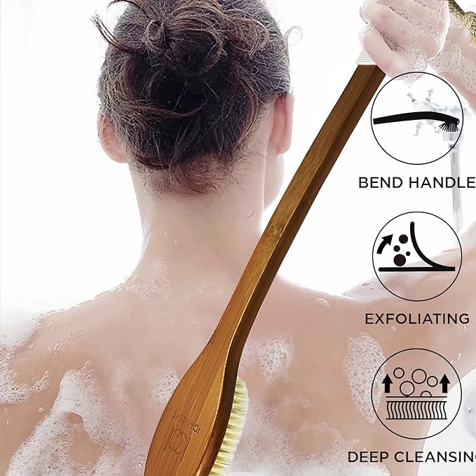 ICANdOIT-19.68Inch Natural Stiff Sisal Bristles Anti-Slip Extra Long Handle Bath Brush,Bent Handle Shower Scrubber for Exfoliating,Shower Back Brush,Exfoliation Set with Pumice Stone(1 Pack)