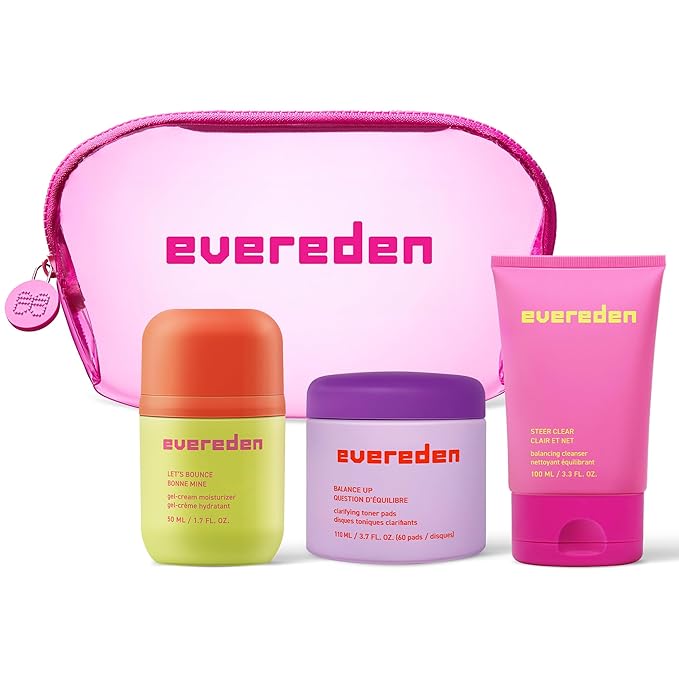 Evereden Preppy Skincare Collection with Triple Green Tea: Teen Skincare Steer Clear Balancing Jelly Cleanser Teen Face Wash, Let's Bounce Gel-Cream Moisturizer, & Balance Up Toner Pads for Face