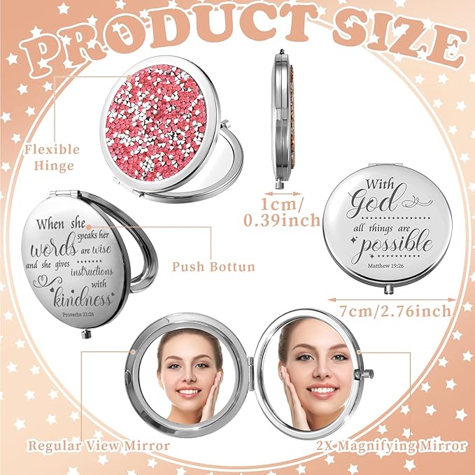 Thyle 12 Pcs Christian Compact Mirror Gifts for Women Bible Verse Bulk Hand Makeup Compact Purse Mirror Inspirational Religious Baptism Gift for Teacher Mother's Day Women Nurse(Pink)