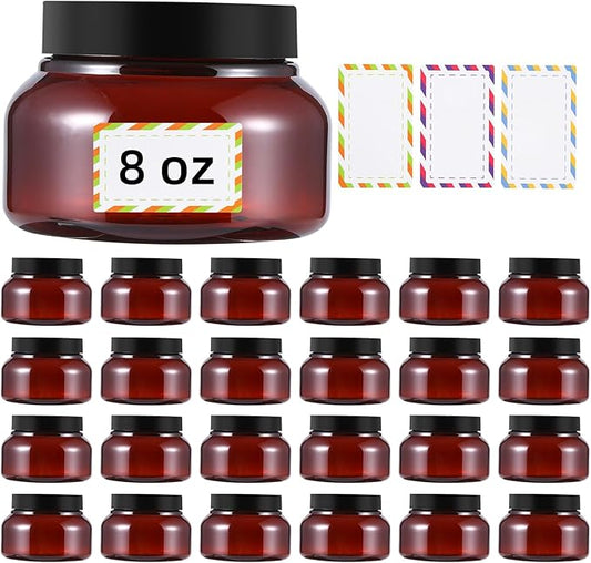 24 Pack 8 Oz Plastic Containers With Lids and Waterproof Label BPA Free - Refillable Transparent Cosmetic Containers for Body Butter,Sugar Scrubs,Cream,Lotions,Candy,Bath Salt (Brown)