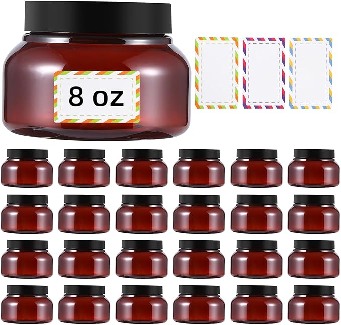 48 Pack 8 Oz Plastic Containers With Lids and Waterproof Label BPA Free - Refillable Transparent Cosmetic Containers for Body Butter,Sugar Scrubs,Cream,Lotions,Candy,Bath Salt (48, Brown)