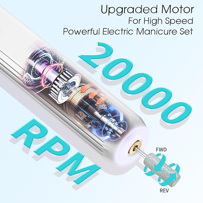 Electric Nail Drill, Professional Manicure Pedicure Kit, Cordless Electric Nail File Set, Rechargeable Pedicure Tools for feet, 3 Speeds Hand Foot Care Nail Drill for Thick Nail Toenail Cuticle-White