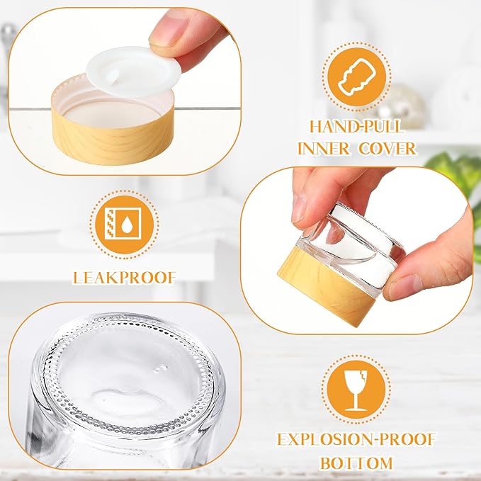 Layhit 24 Pcs Glass Jars with Lids Clear Small Jars with Plastic Woodgrain Lids, White Labels and Inner Liners Empty Round Cosmetic Containers for Creams Lotions Powder Candle Making (0.34oz/ 10ml)