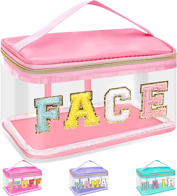Chenille Letter Clear Makeup Bags Face Pouch, Preppy Patch Makeup Bag Zipper with Handle, Transparent PVC & Nylon Waterproof Glitter Cosmetic Handbag Travel Toiletry Storage for Women Girl(FACE-Pink)
