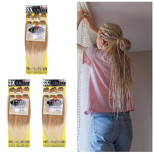 BNG 3X Pre-Stretched Braiding Hair, 28" Professional Itch Free Synthetic Fiber Kanekalon Braids Hair Extensions for Easy Braid, 3 PACKS (9 bundles), (#T27/613 Strawberry Blonde/Blonde)