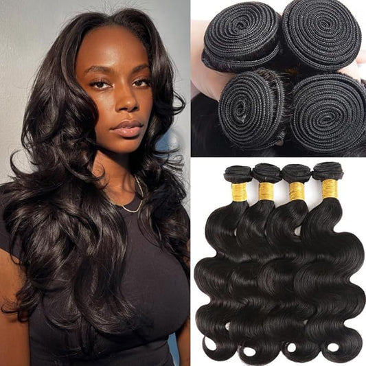 Body Wave Human Hair Bundles 16 16 16 16 Inch 12A Body Wave Bundles Human Hair 100% Unprocessed Brazilian Virgin Hair 4 Bundles Human Hair Weave Bundles Deals Real Human Hair Natural Black Color