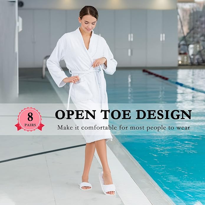 Shinymoon 8 Pairs Disposable Velvet Open Toe Non Slip Spa & Travel Slippers - White, Medium
