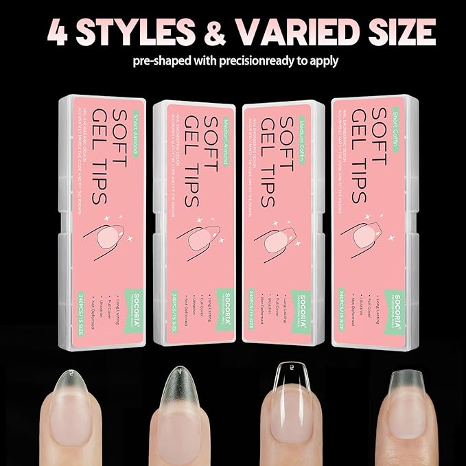 960Pcs Soft Gel X False Nail Tips, 4 Styles Kit Short Coffin Short Almond Medium Coffin and Medium Almond Pre-shaped Matte Full Cover Acrylic Fake Nail Set 15 Sizes