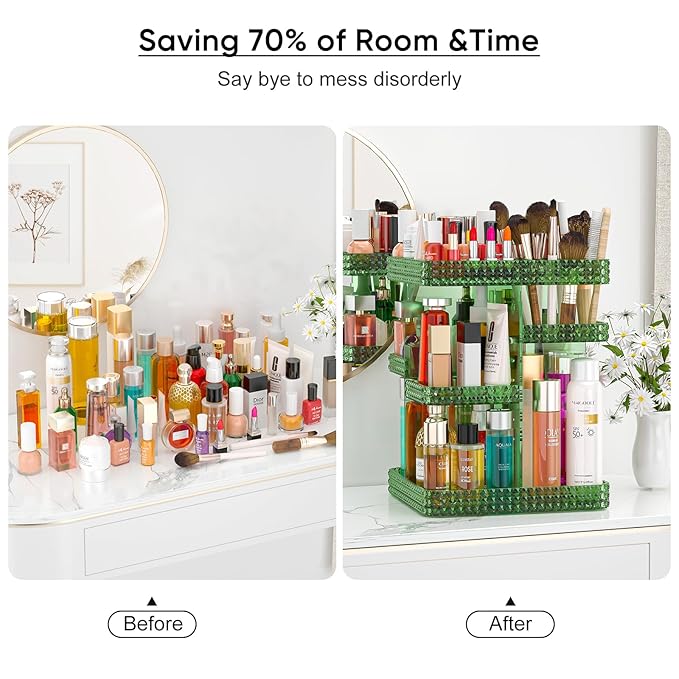 360 Rotating Makeup Organizer, Acrylic DIY Adjustable Bathroom Makeup Carousel Spinning Holder Rack, Large Capacity Cosmetics Storage Box Vanity Countertop, Skin-care Organizers (Green)
