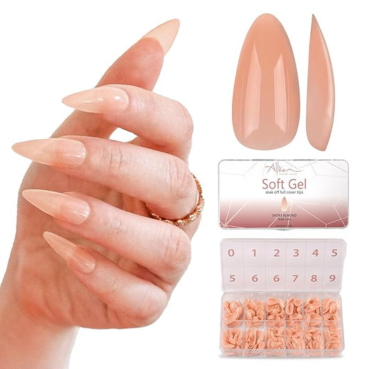 Allkem Soft Gel Nail Tips - Medium Short Almond Nail Extensions Kit - 12 Sizes Short Full Cover Nails - Neutrals - Bold (504 Pieces)