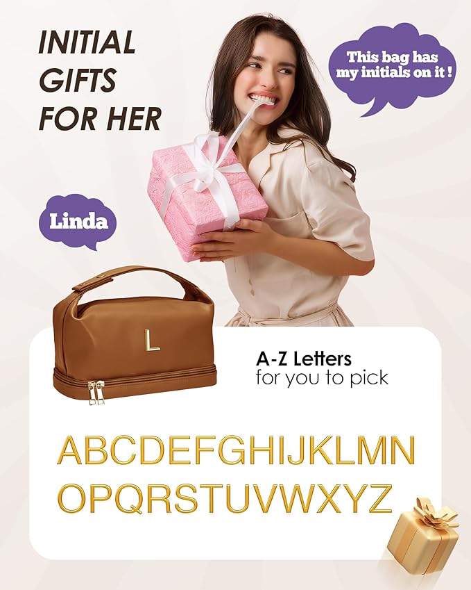 Gifts for 13 14 15 16 17 18 Year Old Girls, Makeup Bags with Handle, Initial Double Layer Cosmetic Bag with Makeup Brush Organizer, Cute Cosmetic Pouch for Women, Gifts for Friends Female Mom