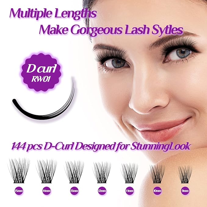 DIY Lash Extension Kit at Home, 144pcs Eyelash Extension Kit Individual Lashes Kit Lash Clusters D Curl Wispy Lash Kit Eyelash Kit Lash Clusters Kit with lash bond and seal and lash Tweezers RW01