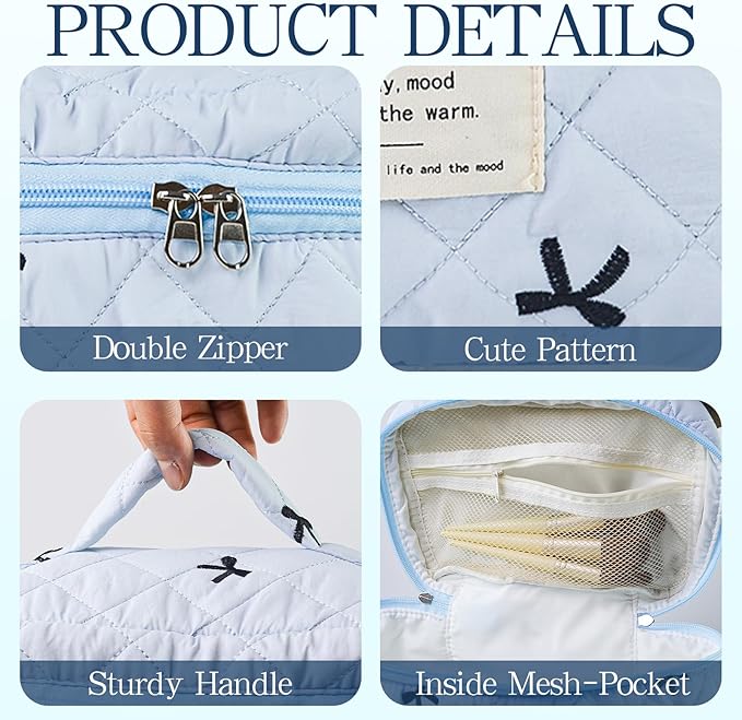 3Pcs Quilted Makeup Bag, Cute Floral Cotton Cosmetic Bag set, Coquette Bow Makeup Pouch Large Travel Toiletry Bag