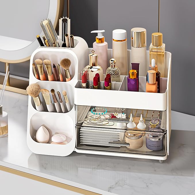Makeup Organizer with Drawers – Large Cosmetic Storage Box for Vanity, Bathroom, or Bedroom, Perfect for Skincare, Brushes, Lipstick, Eyeshadow,and Beauty Essentials (White)