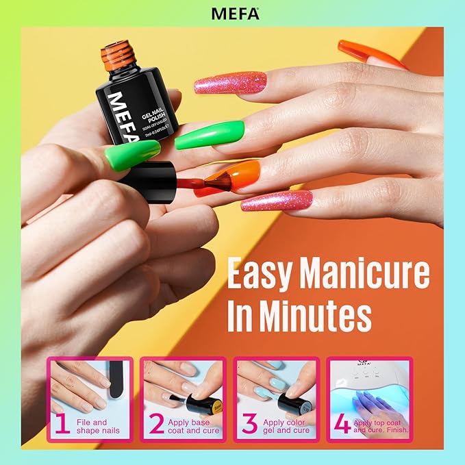 MEFA Neon Gel Nail Polish Set, 12 Colors Nail Polish Set Green Glitter Pink Yellow Blue Purple Red Soak Off Gel Nail Gifts for Women Girl DIY Salon Home Manicure