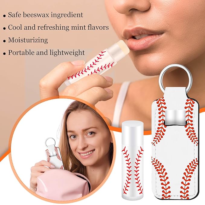 18 Sets Party Favors Lip Balm and Lipstick Holder Keychain Bulk Sport Ball Team Gifts Natural Moisturizing Lip Balm Keychains Pouch for Team Gifts Sports Party Supplies(Baseball)