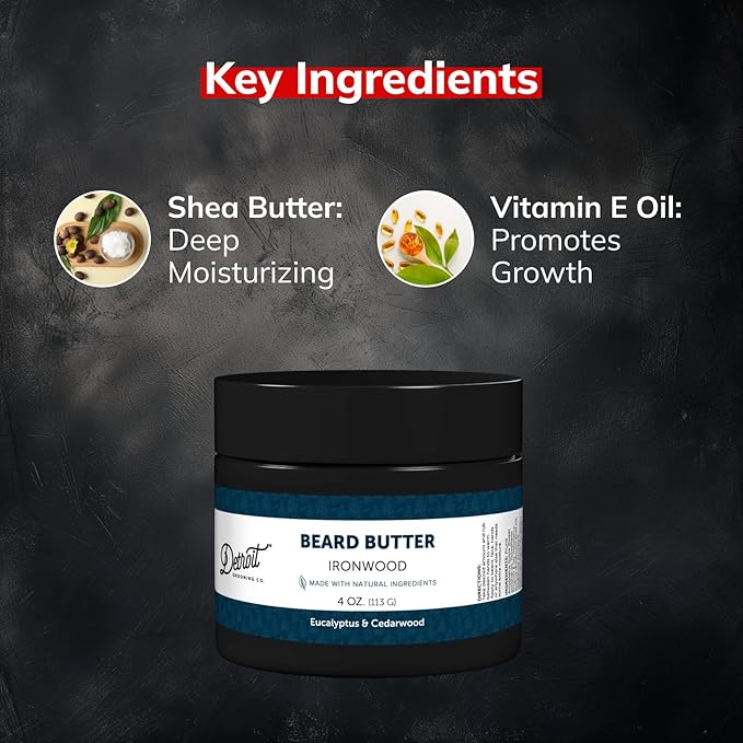 Detroit Grooming Co. Beard Butter for Men | Softens, Thickens & Hydrates with Safflower Oil & Shea Butter | Ironwood Scent, 4oz