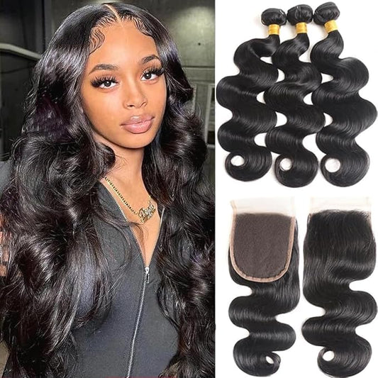 Bundles with Closure Human Hair Body Wave 16 16 16+14 Inch 100% Unprocessed Brazilian Virgin Human Hair 3 Bundles with Closure Human Hair Extensions with 4x4 Free Part Lace Closure Natural Black