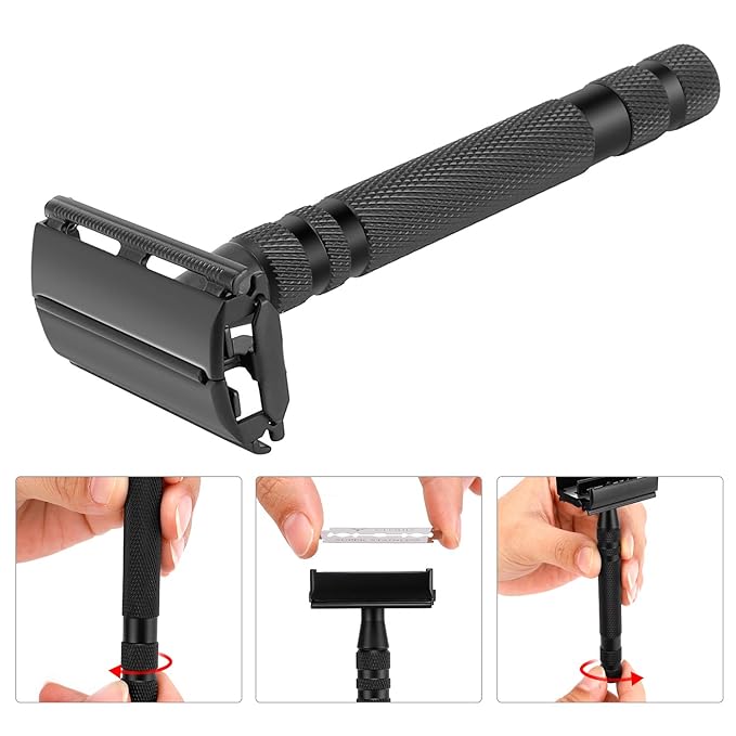 Amazing Safety Razor Shave Kit - Mysterious Black Men's Shaving & Grooming Sets - Butterfly Open Safety Razor,Friendly Brush,Great Shaving Stand,Shaving Soap Bowl, Super Stainless Blades