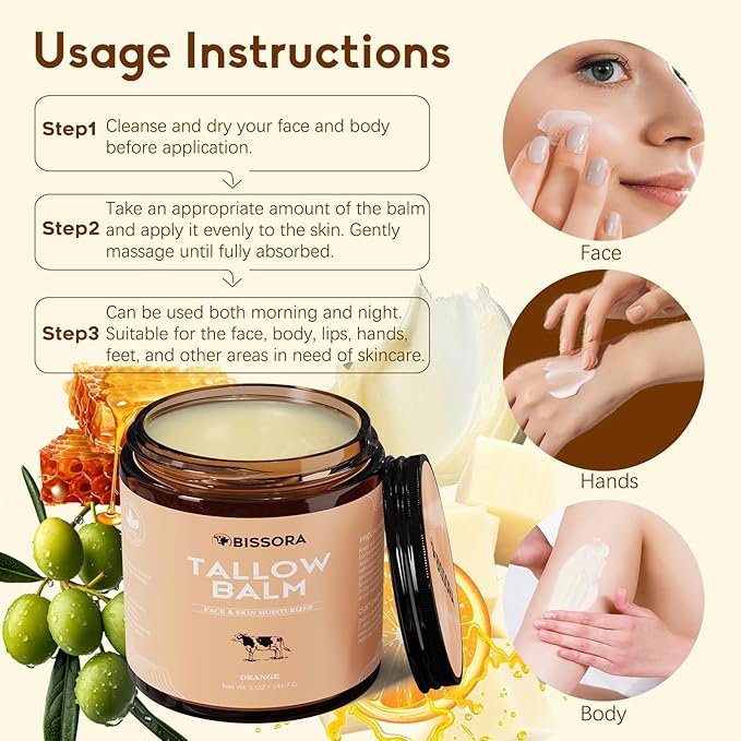Beef Tallow for Skin, Organic Grass-Fed Beef Tallow Balm with Raw Honey & Jojoba Oil - Whipped Moisturizer for Face & Body - All-Natural Skin Care for Soft, Hydrated Skin (5 OZ, Orange)