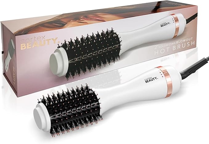 Cortex Beauty Infrared Volumizing Blowout Brush - Blow Dryer, Round Styling Tool for All Hair Types, 2" Barrel with Comb (White Rose Gold)