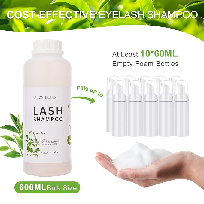 Arison Eyelash Eyelash Extension Shampoo 600ml / Eyelid Foaming Cleanser/Wash for Extensions and Natural Lashes/Paraben & Sulfate Free Safe Makeup & / Professional & Self Use (Green Tea)