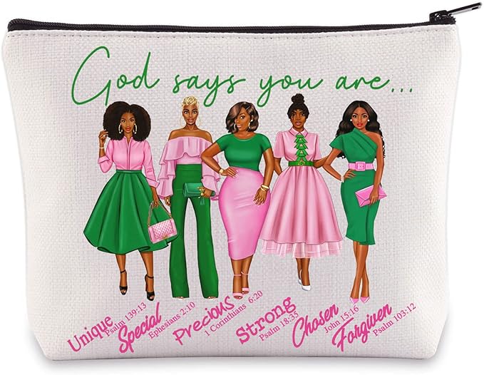 WZMPA Sorority Sisters Cosmetic Makeup Bag Pink and Green Gift God Says You Are Sorority Makeup Zipper Pouch Bag Greek Sorority Paraphernalia (God Says AK)
