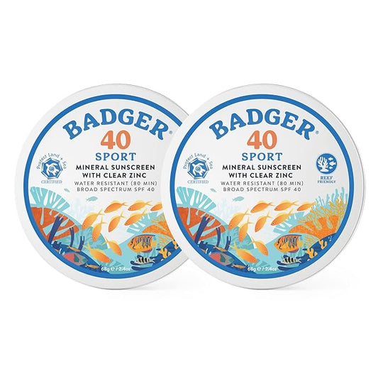 Badger Reef Safe Sunscreen Tin, Unscented SPF 40 Sport Mineral Sunscreen, 98% Organic, 80min Water Resistant Travel Size Hawaii Approved, 2.4 oz Tin, 2-Pack