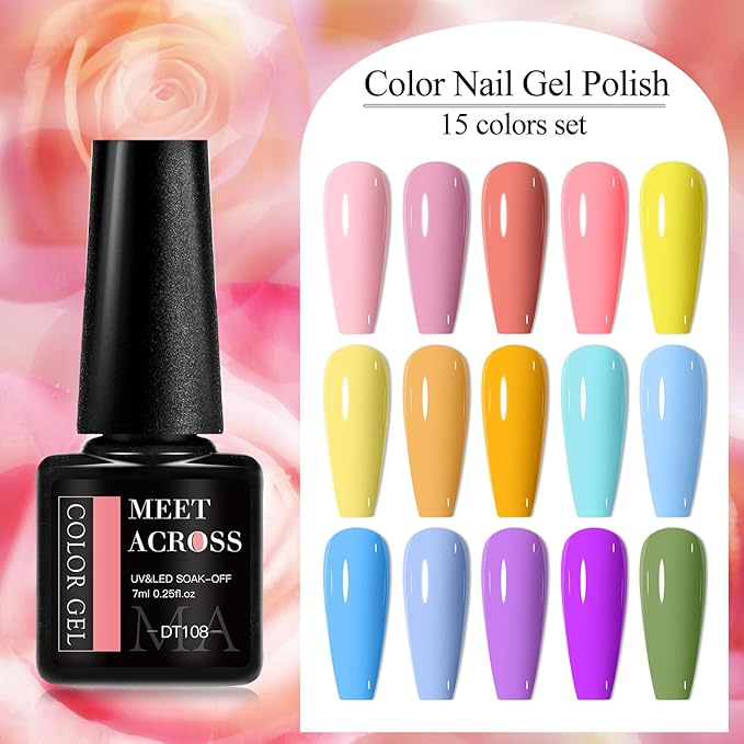 MEET ACROSS 18PCS Gel Nail Polish Set Nude Gel Polish Kit 15 Colors Pink Blue Yellow Orange Purple Green Nail Polish Kit Nail Art Manicure DIY Salon Home Women Gifts