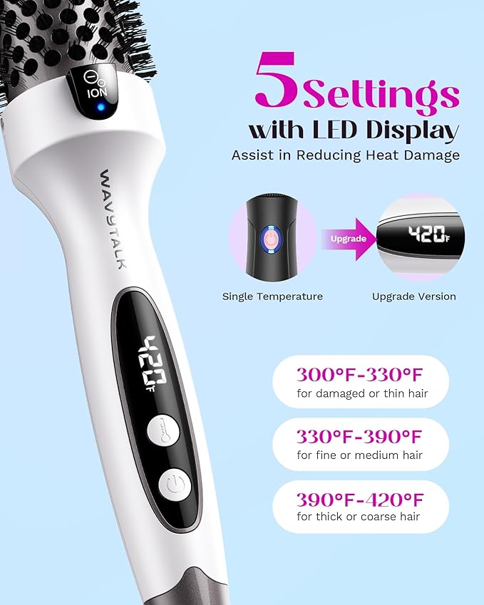 Wavytalk Blowout Boost Thermal Brush, 1.5 inch Heated Round Brush for Blowout Look, Negative Ion Technology, Ceramic Tourmaline, 5 Temperature Settings, Dual Voltage, White