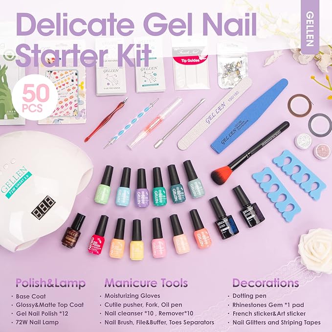 Gellen Gel Nail Polish Kit with Nail Light 72W Nail Dryer, 12 Gel Nail Polish Colors, No Wipe Top Base Coat, Nail Art Decorations, Manicure Tools, All-In-One Manicure Kit, Macaron Candy