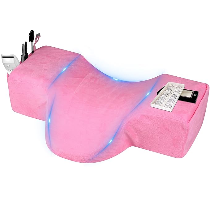 IMENE Lash Pillow for Lash Extensions- Memory Foam Lash Pillow with Neck and Back Support, Ergonomic lash Bed Pillow with Velvet Pillowcase and Lash Organizer Pockets (Pink)